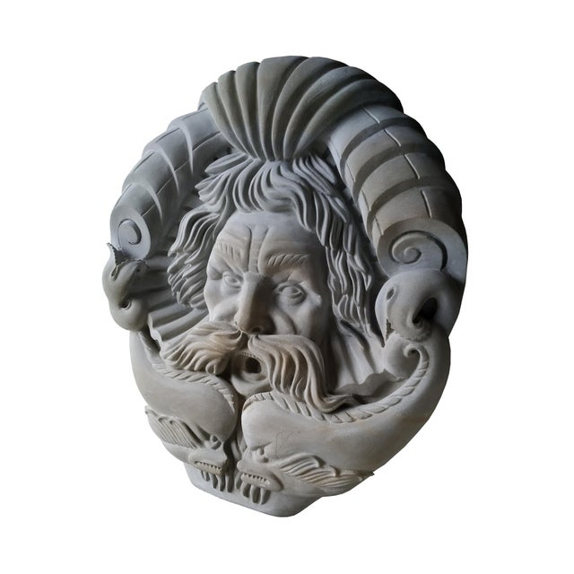 2010s Hand Carved Limestone Italian Baroque Triton Mask Spout For Sale - Image 5 of 5