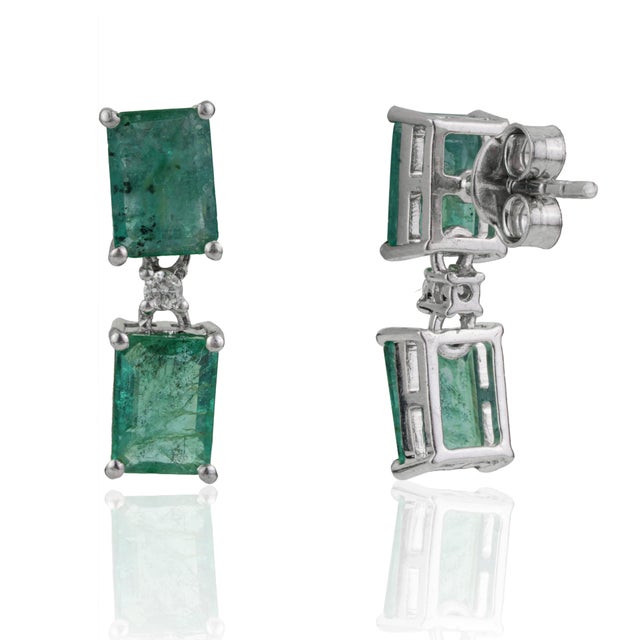 Mid-Century Modern Art Deco Inspired Certified Natural Emerald 2 Stone Drop Earrings With Diamond Accents, a Pair For Sale - Image 3 of 11