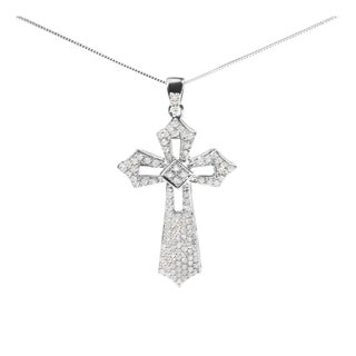 .925 Sterling Silver 1.00 Cttw Diamond Fleur De Lis Cross 18" Pendant Necklace (H-I Color, I2-I3 Clarity) For Sale