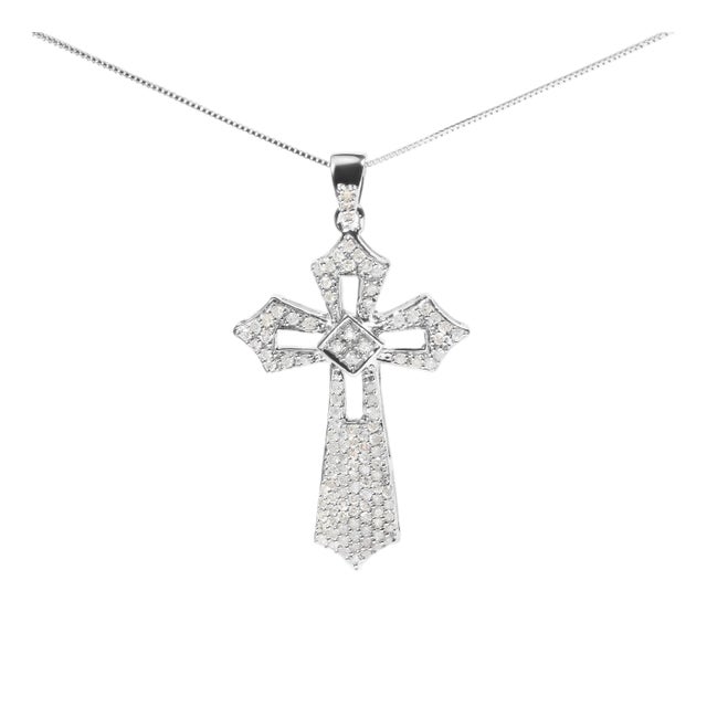 .925 Sterling Silver 1.00 Cttw Diamond Fleur De Lis Cross 18" Pendant Necklace (H-I Color, I2-I3 Clarity) For Sale