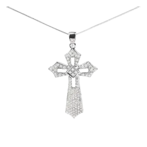 .925 Sterling Silver 1.00 Cttw Diamond Fleur De Lis Cross 18" Pendant Necklace (H-I Color, I2-I3 Clarity)