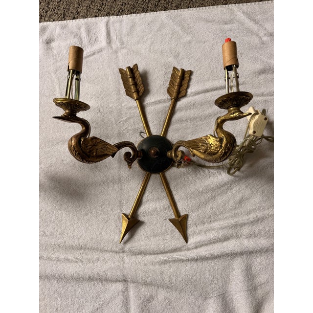Traditional Pair of Vintage French Empire Revival Brass and Enamel Swan Sconces For Sale - Image 3 of 8