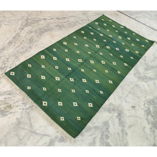 Casa Cosima Handmade Cotton Forest Green Diamond Runner, Green and White -2.5'x12' For Sale - Image 4 of 8