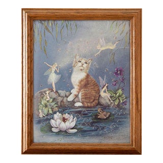 Late 20th Century Pair of Kittens And Fairies Foil Art Prints By Jean Henry Ft. For Sale
