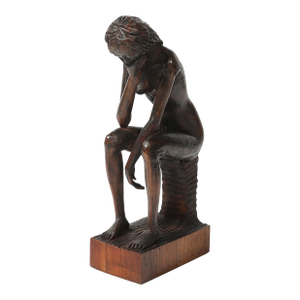 Mid-Century Hand-Carved Seated Female Nude Sculpture in Walnut Signed Aldo Calo