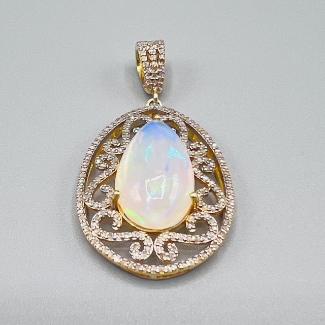 Gold Vintage Art Deco Style Pear Opal and Diamond Teardrop Statement Pendant in Gilded 925 Silver, 1980s For Sale - Image 8 of 15