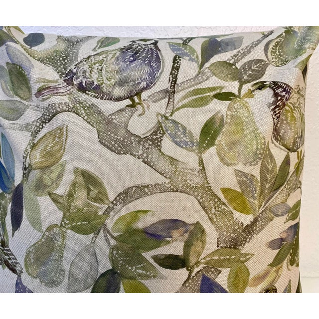 Green 20” Square Pillow Featuring Partridges in a Pear Tree Floral Print - Made in U K For Sale - Image 8 of 11