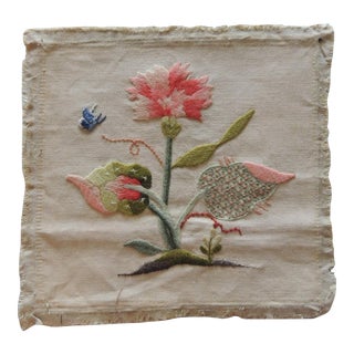 Vintage Coral and Green Crewel Work Embroidered Fragment Depicting Flowers For Sale