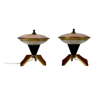 Small Mid-Century Modern Italian UFO Table Lamps in Teak, 1950s, Set of 2 For Sale
