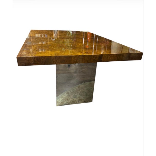 1976 Attributed to Milo Baughman Olive Burl Extension Dining Table on Chrome Plinth Base, 2 Leaves For Sale - Image 9 of 10