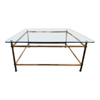 Faux Bamboo Gilt Metal Coffee Table With Glass Top For Sale