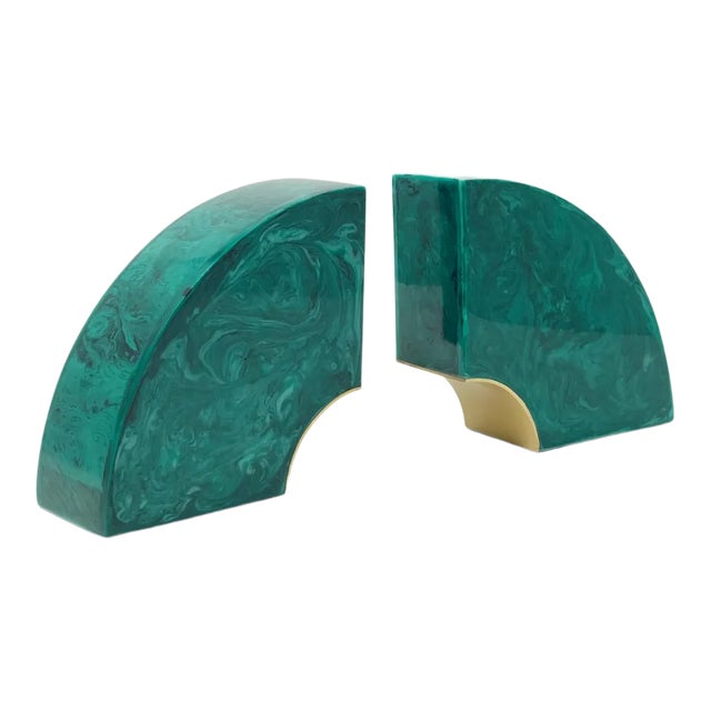 Malachite-Style and Brass Arch Bookends - a Pair For Sale