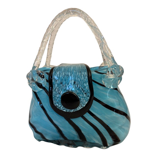 Murano Style Vintage Teal and Black Striped Hand Blown Glass Purse Sculpture For Sale