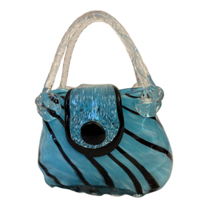 Murano Style Vintage Teal and Black Striped Hand Blown Glass Purse Sculpture