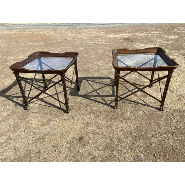Vintage Attributed to Matiland Smith Nail Head Leather and Glass End Side Tables À Pair For Sale - Image 12 of 18