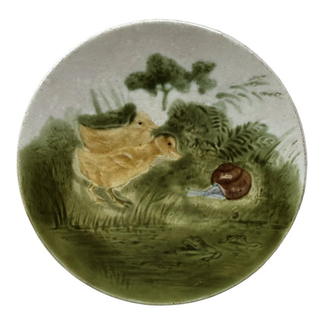 C.1890 French Majolica Ducklings With Snail & Frog Plate Sarreguemines For Sale