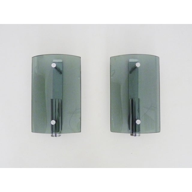 Vintage Italian Wall Lights in Bluish Smoked Glass and Chrome, 1970s, Set of 2 For Sale - Image 9 of 9