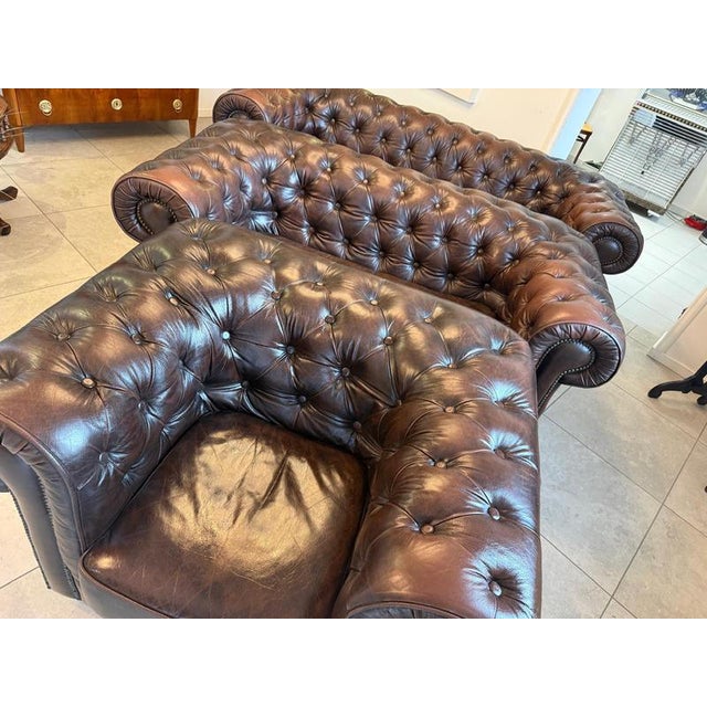 Brown Chesterfield Sofas and Club Chair in Leather, Set of 3 For Sale - Image 8 of 18