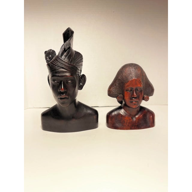 A Pair of Vintage Hand Carved Wooden Indonesian Woman and Man Busts For Sale - Image 9 of 9