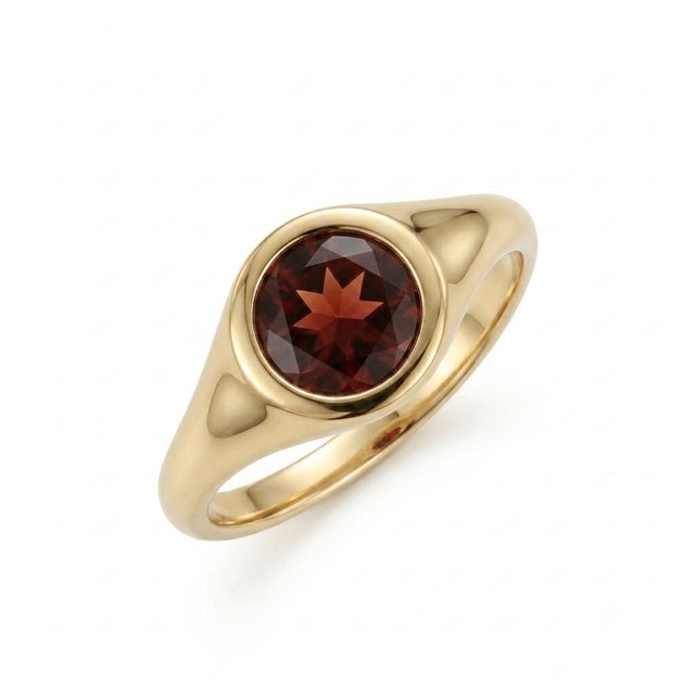 Contemporary Natural Red Garnet Bezel Ring | 18k Yellow Gold Plated Minimalist Signet Ring | 6mm Round Gemstone Ring Us 7 For Sale - Image 3 of 3