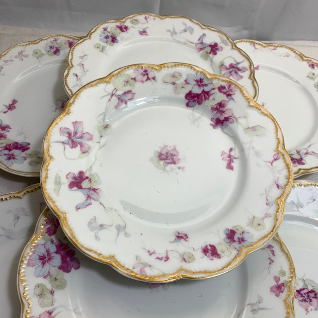 Haviland & Co. Vintage French Limoges Haviland Luncheon Plates Purple, Blue and Pink Flowers With Gold Edges - Set of 7 For Sale - Image 4 of 7