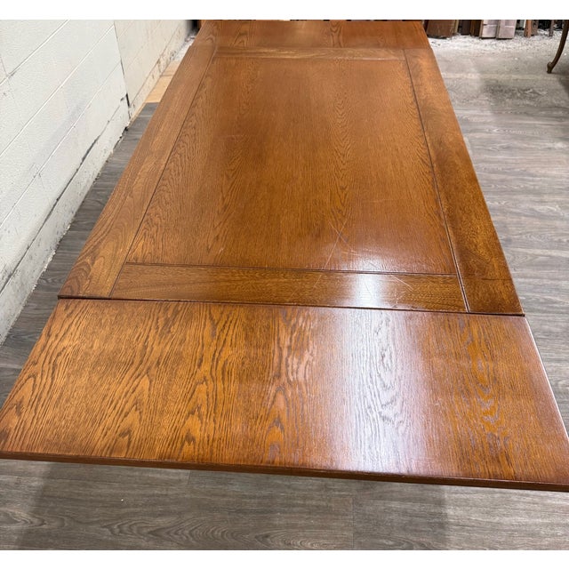 Vintage Old English Tudor Jacobean Revival Style Oak Draw Leaf Dining Table For Sale - Image 17 of 18