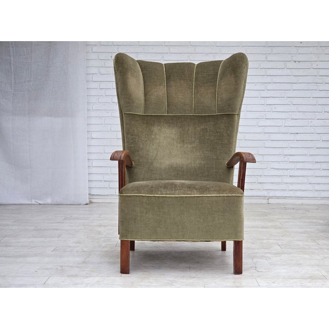 Danish Oak Highback Armchair with Velour Upholstery, 1960s For Sale - Image 12 of 18