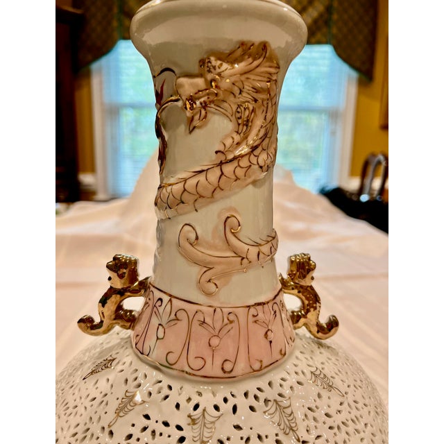 Mid 20th Century Mid 20th Century Chinese White & Pink Riticulated Ceramic Vase With Dragon Handles and Stand, Chinoiserie Decor For Sale - Image 5 of 12