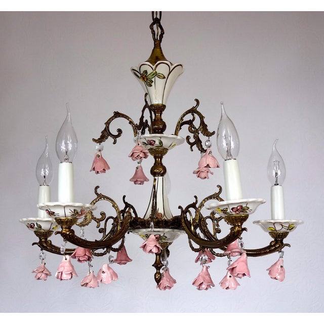 Gold Brass and Porcelain 5-Light Chandelier by Peris Andreu, 1940s For Sale - Image 8 of 16