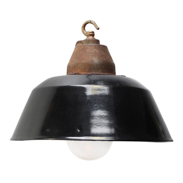 Black Vintage Industrial Black Enamel Pendant Light in Cast Iron and Clear Glass For Sale - Image 8 of 8