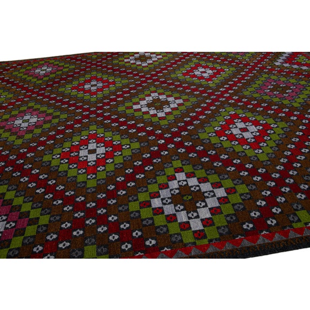 Textile Brown Modern Soumak Handmade Multicolor Geometric Designed Wool Rug For Sale - Image 7 of 11