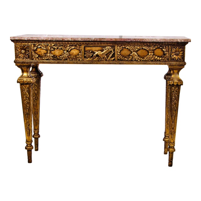 1960s Elegant Louis XVI Style Giltwood Marble-Top Console / Sofa Table With Hand-Carved Foliate Detail For Sale