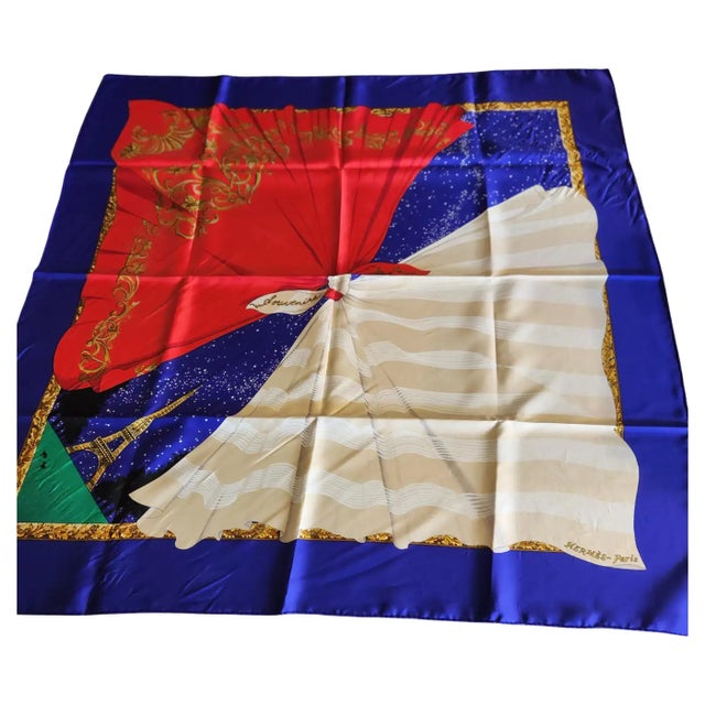 Blue Vintage Hermès Silk Scarf Hilton McConnico Souvenirs De Paris For Sale - Image 8 of 12