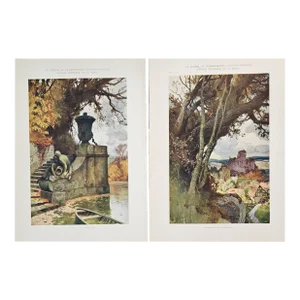 1900 Set of 2 Antique Art Nouveau Decorative Pastoral Landscape Lithographs