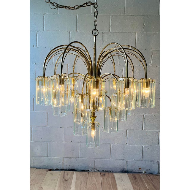 1970s 1970s Italian Brass and Beveled Glass Waterfall Chandelier For Sale - Image 5 of 9