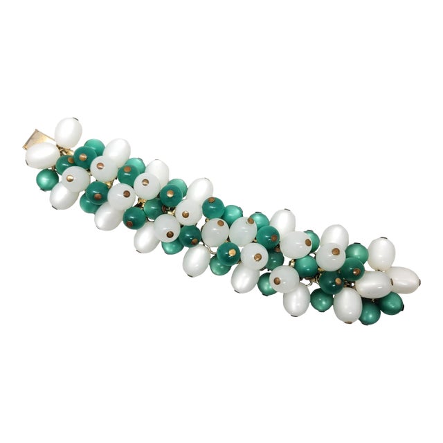 Vintage Signed Napier Goldtone Green & White Moonglow Beaded Bracelet For Sale