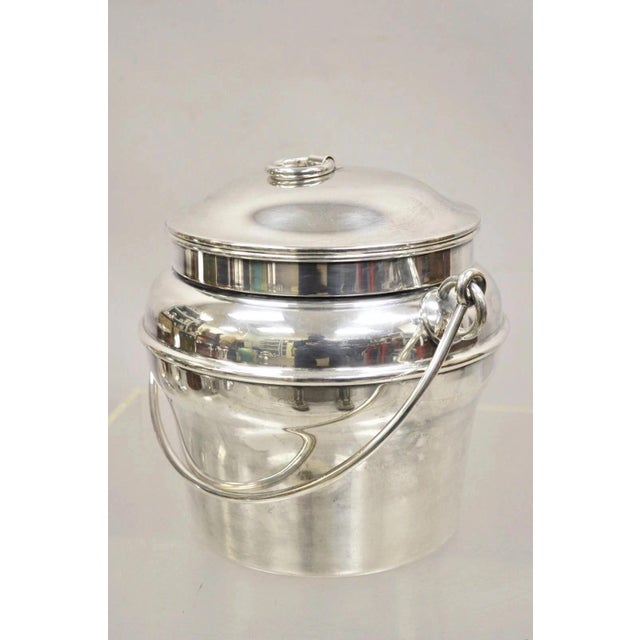 Vintage Fisher K308 Modern Silver Plated Lidded Ice Bucket with Glass Liner. Item features swinging hinged handle, shapely...