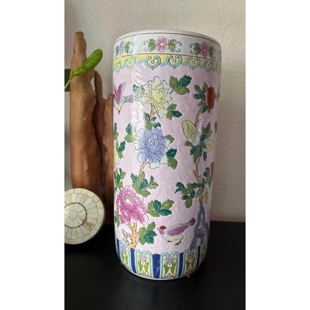 Ceramic Mid-Century Pink Chinoiserie Hand Painted Floral and Bird Motif Umbrella Stand For Sale - Image 7 of 12