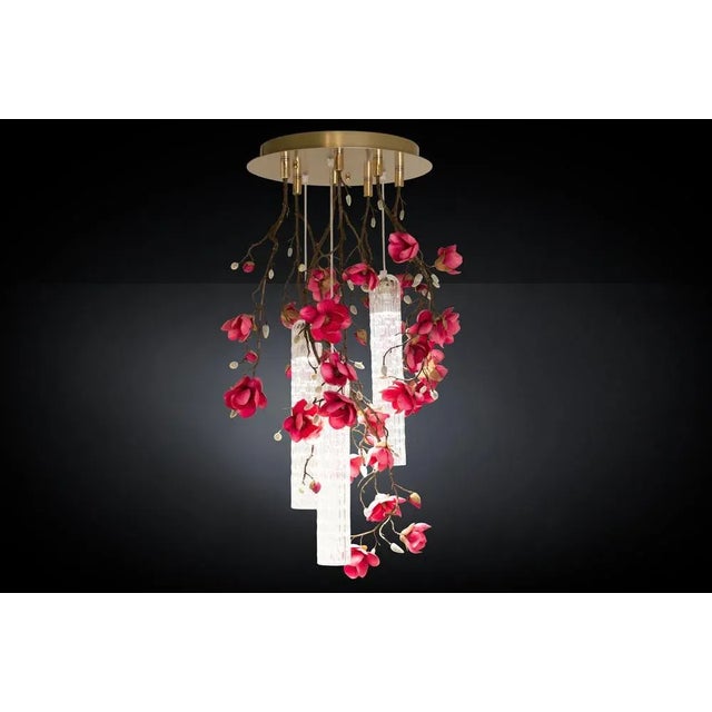 Chandelier consisting of vg artificial flowers and pipes in muranese glass, led bulbs (3 bulbs gu10 x 6w each) fitted with...