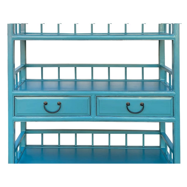 Turquoise Fountain Blue 5 Shelves 2 Drawers Bookcase Display Cabinet For Sale In San Francisco - Image 6 of 7