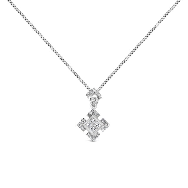 Crafted from rhodium-plated 10K white gold, this exquisite pendant necklace sparkles with an artful geometric design that...