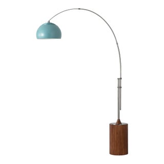 Tambo 92-Inch Floor Lamp, 1980s - Mid Century Modern, Pool Blue Shade, Satin Nickel, Walnut Base For Sale