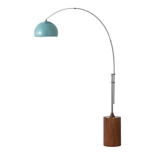 Tambo 92-Inch Floor Lamp, 1980s - Mid Century Modern, Pool Blue Shade, Satin Nickel, Walnut Base For Sale