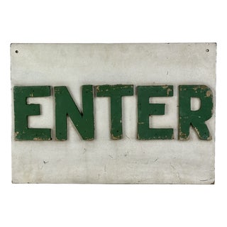 Vintage Large "Enter" Sign on Masonite With Raised Letters in Green Paint For Sale
