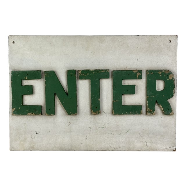 Vintage Large "Enter" Sign on Masonite With Raised Letters in Green Paint For Sale