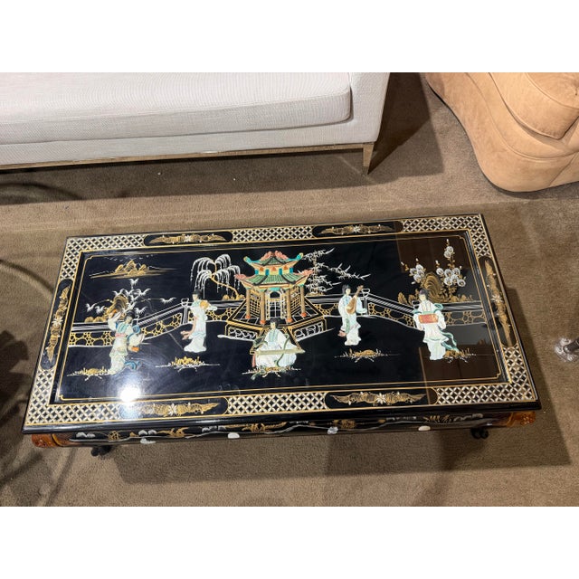Late 20th Century Vintage Black Chinoiserie Coffee Table With Shellwork & Glass Top For Sale - Image 5 of 10