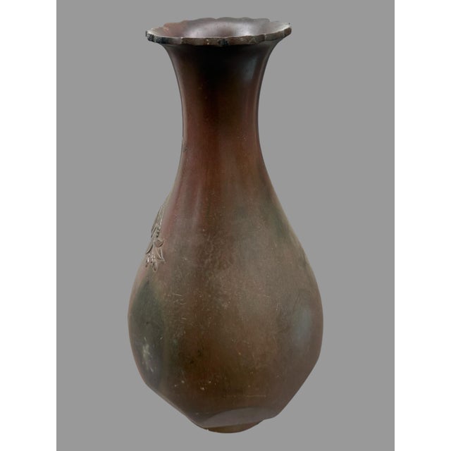 Metal 17" Antique Oriental Bronze Vase With Embossed Eagle on Branch For Sale - Image 7 of 11