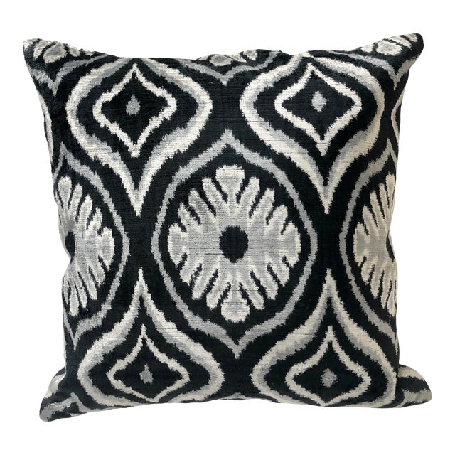 Black Silver Silk Velvet Ikat Pillow For Sale