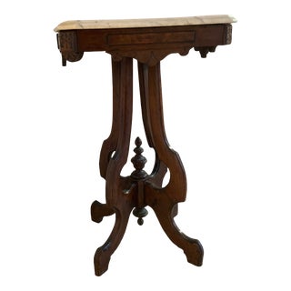 Early 1900s Antique Eastlake Carved Walnut Marble Top Table For Sale