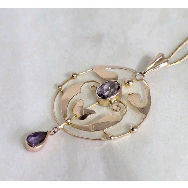 Metal Art Nouveau 9ct Yellow Gold Amethyst Openwork Pendant, 1900 For Sale - Image 7 of 18
